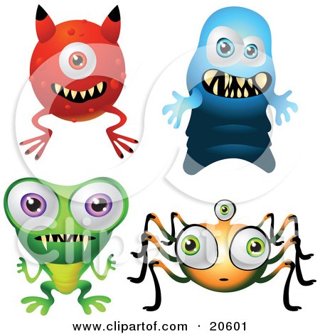 Clipart Illustration of Four Scary Monsters Resembling A Devil, Ghost, Frog And Spider, Over A White Background by Tonis Pan