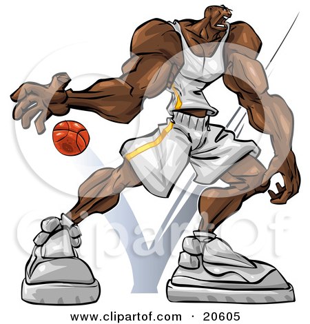 Clipart Illustration of a Muscular African American Basketball Player Bouncing The Ball During A Game by Tonis Pan