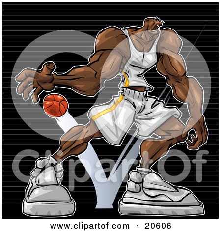 Clipart Illustration of a Strong Black Basketball Player Bouncing The Ball On The Court by Tonis Pan