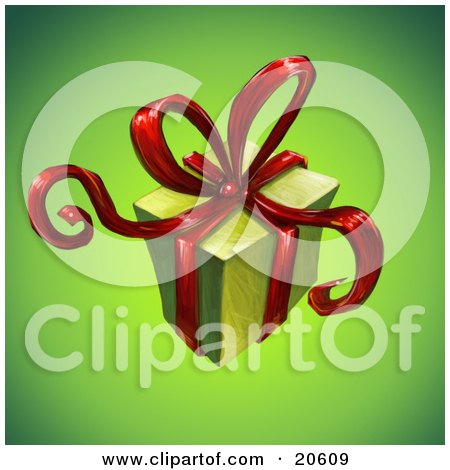 Clipart Illustration of a Christmas Present Gift Wrapped In Green Paper With Red Ribbons And A Bow by Tonis Pan