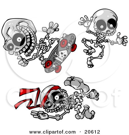Clipart Illustration of Three Skeletons Skateboarding, Jumping And Doing Karate by Tonis Pan