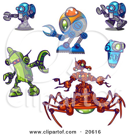 Clipart Illustration of Blue, Green And Orange Robots In Different Poses Over A White Background by Tonis Pan