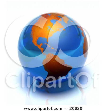 Clipart Illustration of a Blue Glass Marble Of Earth With Orange Continents, Over A Reflective Surface by Tonis Pan