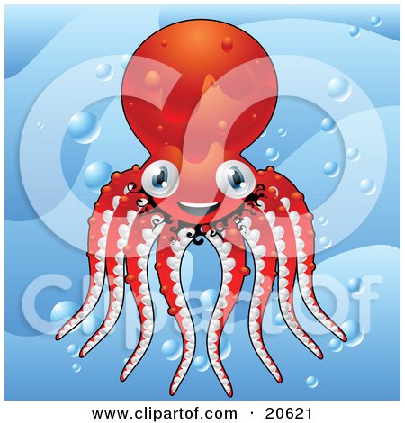 Clipart Illustration of a Happy And Energetic Red Octopus Smiling And Wiggling Its Tentacles In Ocean Bubbles Underwater by Tonis Pan