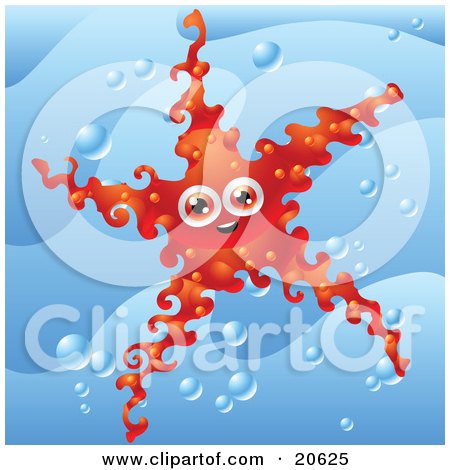 Clipart Illustration of a Surprised Red Starfish With Elegant Arms In A Bubbly Ocean by Tonis Pan