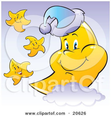 Clipart Illustration of Happy Yellow Stars Smiling And Dancing Around A Sleepy Crescent Moon That Is Resting On A Cloud And Wearing A Sleeping Cap by Alexia Lougiaki