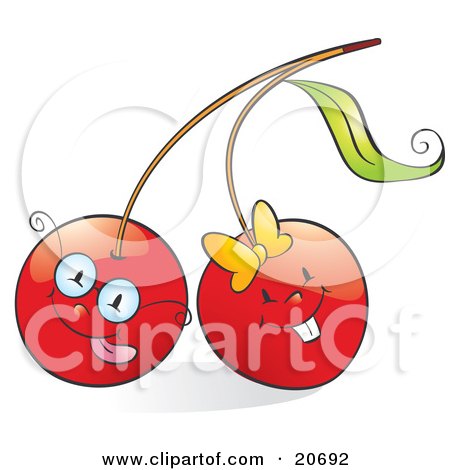 Clipart Illustration of Two Happy Red Cherries Wearing Glasses And A Bow And Smiling by Alexia Lougiaki
