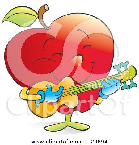 Clipart Illustration of a Happy Musical Red Apple Strumming A Guitar by Alexia Lougiaki