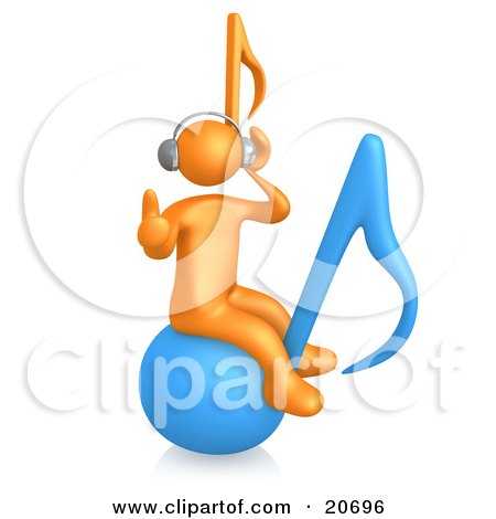 Clipart Illustration of an Orange Person Wearing Headphones And Listening To Tunes While Bouncing On A Blue Music Note by 3poD