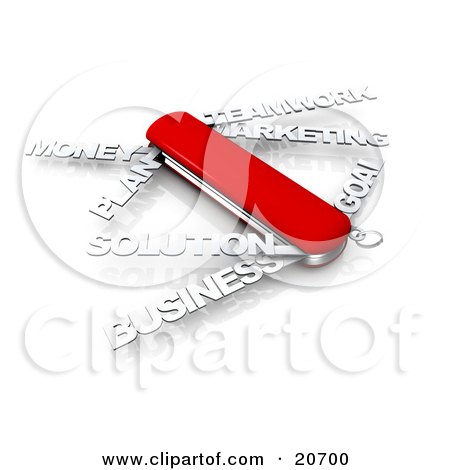 Clipart Illustration of a Red Swiss Army Knife With Text Instead Of Blades Reading Money, Plan, Solution, Business, Teamwork, Marketing, And Goal by 3poD
