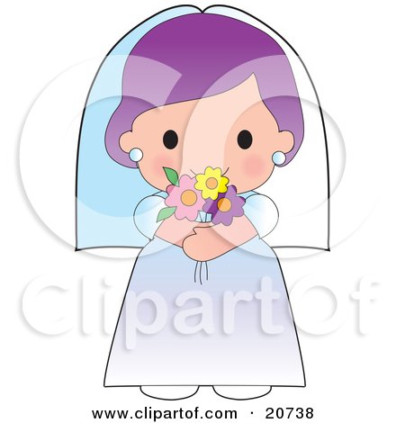 Clipart Graphic of a Young Bride With Purple Hair, Holding Flowers by Maria Bell