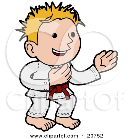 Clipart Illustration of a Happy Karate Boy With Blond Hair, Wearing A Red Belt And White Uniform And Standing In A Pose by AtStockIllustration