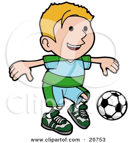 Clipart Illustration of a Happy Blond Boy Ion A Blue And Green Uniform Kicking A Soccer Ball During A Game by AtStockIllustration