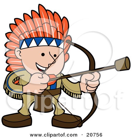 Clipart Illustration of a Smiling Boy In A Native American Indian Costume Of Leather And Feathers, Shooting An Arrow With A Cork On The Tip by AtStockIllustration