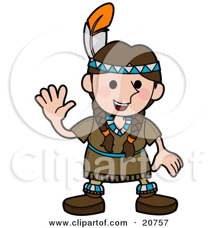 Clipart Illustration of a Friendly Girl In A Native American Indian Costume Made Of Leather And Beads, Wearing A Feather In Her Hair And Waving by AtStockIllustration