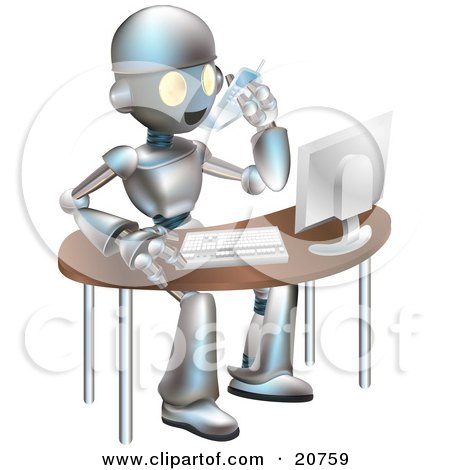 Clipart Illustration of a Professional Metallic Robot Character Talking On A Cell Phone And Working On A Computer At An Office Desk by AtStockIllustration