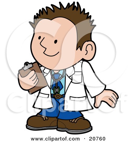 Clipart Illustration of a Friendly Male Doctor In A White Coat, Holding A Clipboard And Smiling While Talking With A Patient by AtStockIllustration