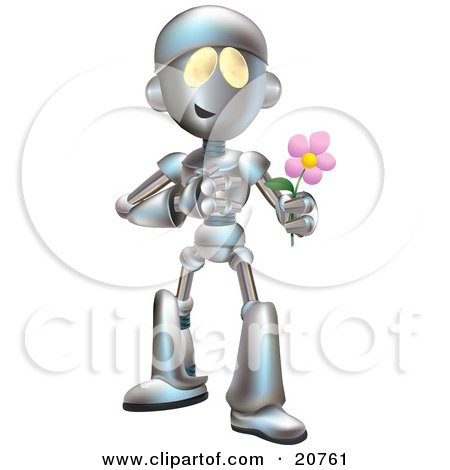 Clipart Illustration of a Sweet Metallic Robot Character Giving A Pink Flower To His Love by AtStockIllustration