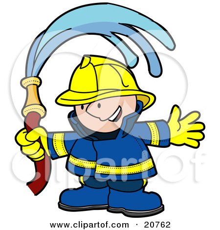 Clipart Illustration of a Happy Fireman In A Blue And Yellow Uniform And Hardhat, Waving A Water Hose by AtStockIllustration
