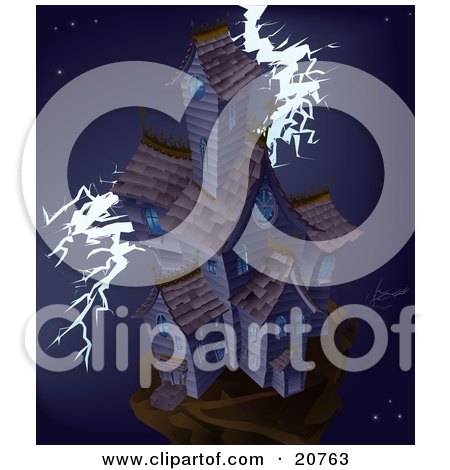 Clipart Illustration of a Large Haunted Mansion House On Top Of A Hill, Being Struck By Lightning In The Middle Of A Stormy Night by AtStockIllustration