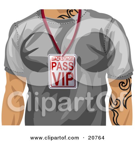 Clipart Illustration of a Casual Man With Tattoos, Wearing A Gray T Shirt And A Vip Backstage Pass Around His Neck by AtStockIllustration