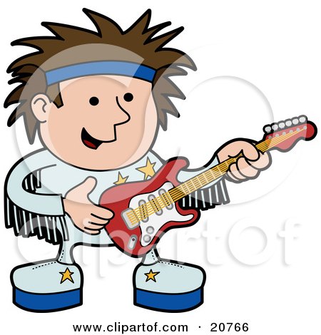 Clipart Illustration of a Happy Male Rock Star In A White Uniform And Blue Headband, Playing An Electric Guitar At A Concert by AtStockIllustration