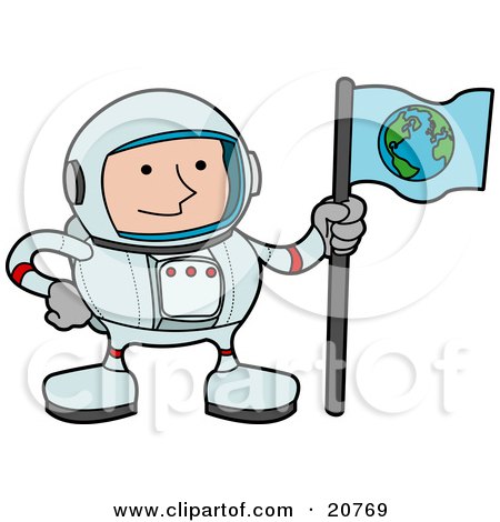 Clipart Illustration of a Male Astronaut In A Space Suit, Holding A World Flag And Standing On A Planet by AtStockIllustration