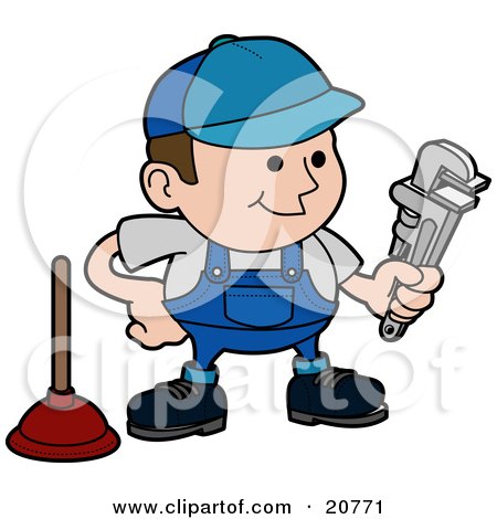 Clipart Illustration of a Friendly Male Plumber In A Blue Uniform And Hat, Holding A Wrench And Standing By A Plunger by AtStockIllustration