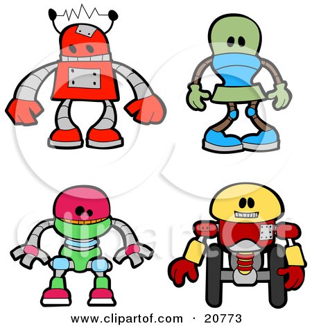 Clipart Illustration of a Collection Of Four Red, Green, Green And Yellow Robots by AtStockIllustration