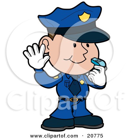 Clipart Illustration of a Friendly Male Police Officer In A Blue Uniform And White Gloves, Holding His Hand Up And Blowing A Whistle While Directint Traffic by AtStockIllustration