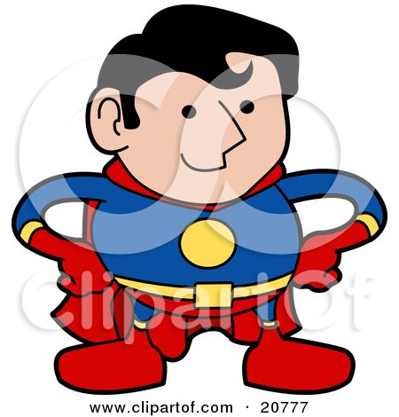 Clipart Illustration of a Strong Super Hero Man In A Red, Yellow And Blue Uniform, Standing With His Hands On His Hips by AtStockIllustration