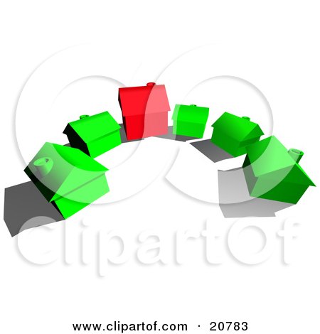 Clipart Illustration of a Red House In The Center Of Green Houses In A Cul De Sac by AtStockIllustration