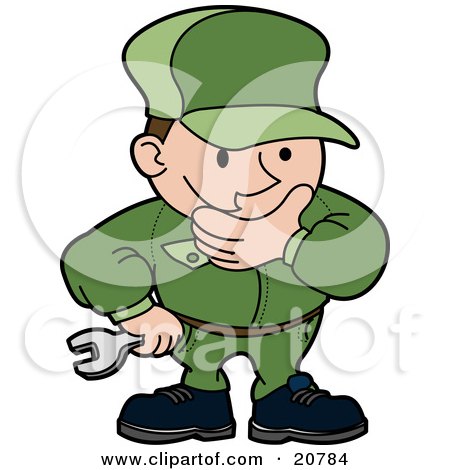 Clipart Illustration of an Engineer, Mechanic Or Plumber Man In A Green Uniform, Rubbing His Chin While In Thought And Holding A Wrench by AtStockIllustration