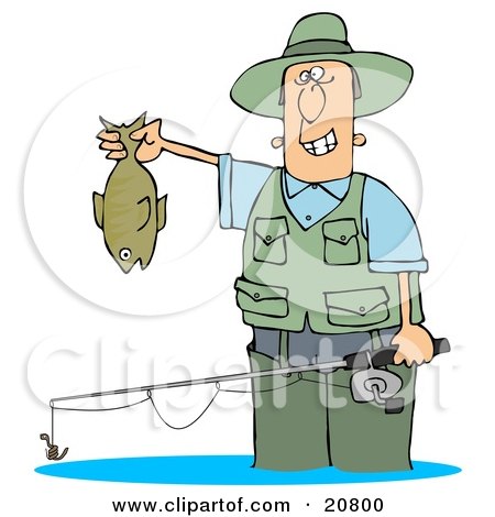 Clipart Illustration of a Man Wading In Water And Holding His Fishing Rod And Catch by djart