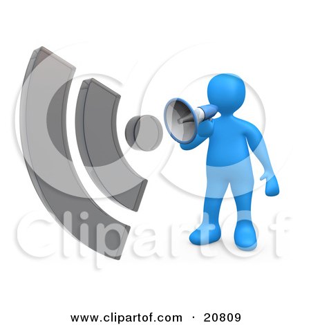 Clipart Illustration of a Blue Person Shouting Through A Megaphone With Sound Waves by 3poD