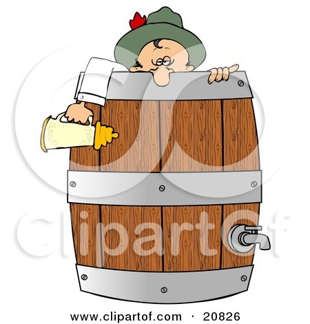 Clipart Illustration of a Drunk Oktoberfest Man In Costume, Leaning Over A Wooden Beer Keg Barrel And Holding A Stein by djart