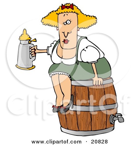 Clipart Illustration of a Tipsy Blond Oktoberfest Woman In Costume, Sitting On A Wooden Beer Keg Barrel And Drinking From A Stein by djart