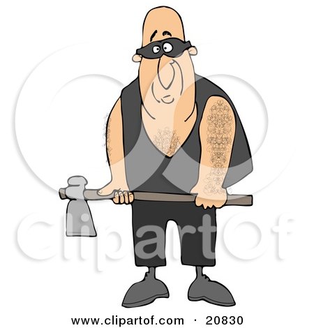 Clipart Illustration of a Nervous Male Executioner In Black, Wearing A Mask Over His Eyes And Holding An Axe by djart