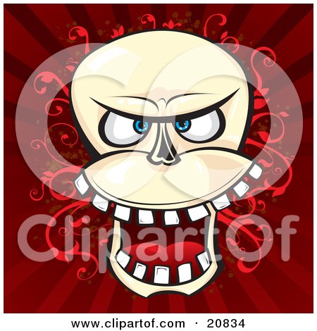 Clipart Illustration of a Laughing Evil Human Skeleton Head With Teeth, Over A Red Vine And Striped Background by Paulo Resende