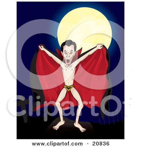 Clipart Illustration of Count Dracula In The Nude, Wearing Bat Underwear, Holding His Cape Open And Standing In A Cemetery On A Full Moon by Paulo Resende