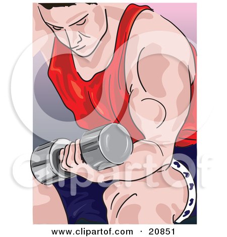 Clipart Illustration of a Muscular Caucasian Man Seated On A Bench And Doing Bicep Curls With A Dumbell Weight by Paulo Resende