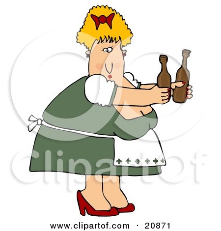 Clipart Illustration of a Chubby Blond Oktoberfest Woman Serving Two Bottles Of Beer by djart