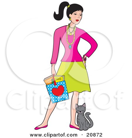 Clipart Illustration of a Young Caucasian Woman Holding A Shopping Bag And Standing With A Cat Rubbing Against Her Leg by Maria Bell