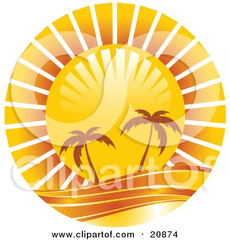 Clipart Illustration of Two Silhouetted Palm Trees Along The Water's Edge, Under A Bright Sun by elaineitalia