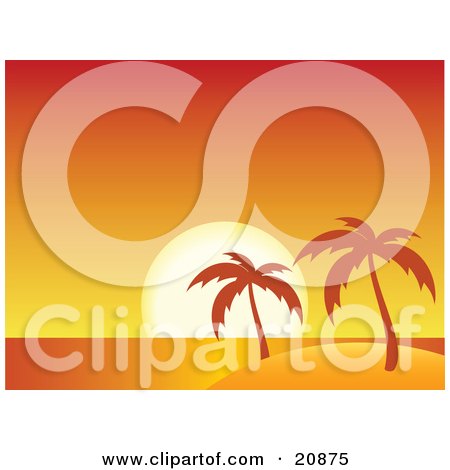 Clipart Illustration of a Deep Red And Orange Sunset On The Horizon With Palm Trees On A Deserted Tropical Island by elaineitalia