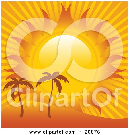 Clipart Illustration of Heat From The Sun Shining Down On Two Palm Trees On A Sandy Landscape by elaineitalia