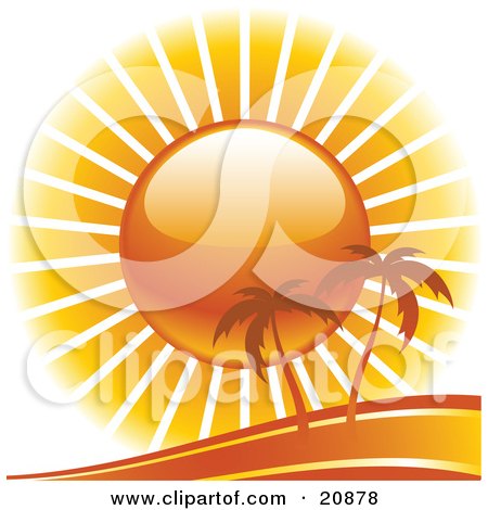 Clipart Illustration of a Large Sun Shining Light Down On Two Isolated Palm Trees On A Beach by elaineitalia