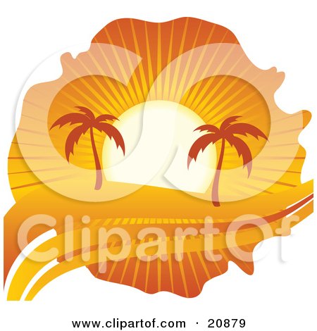 Clipart Illustration of Palm Trees Silhouetted Under An Orange Sunset On A Tropical Beach by elaineitalia