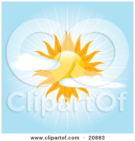 Clipart Illustration of a Beautiful Sun In A Partially Cloudy Blue Sky, With Bright Beams Of Sunshine by elaineitalia