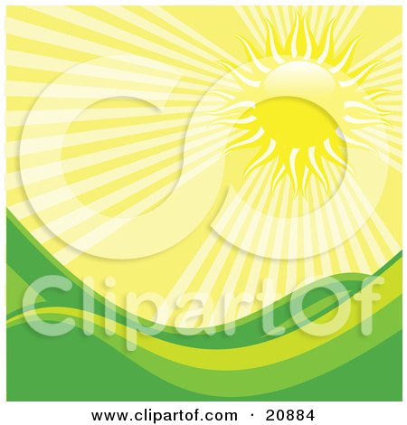 Clipart Illustration of Bright Rays Of Light Beating Down On Rolling Green Hills In A Meadow by elaineitalia
